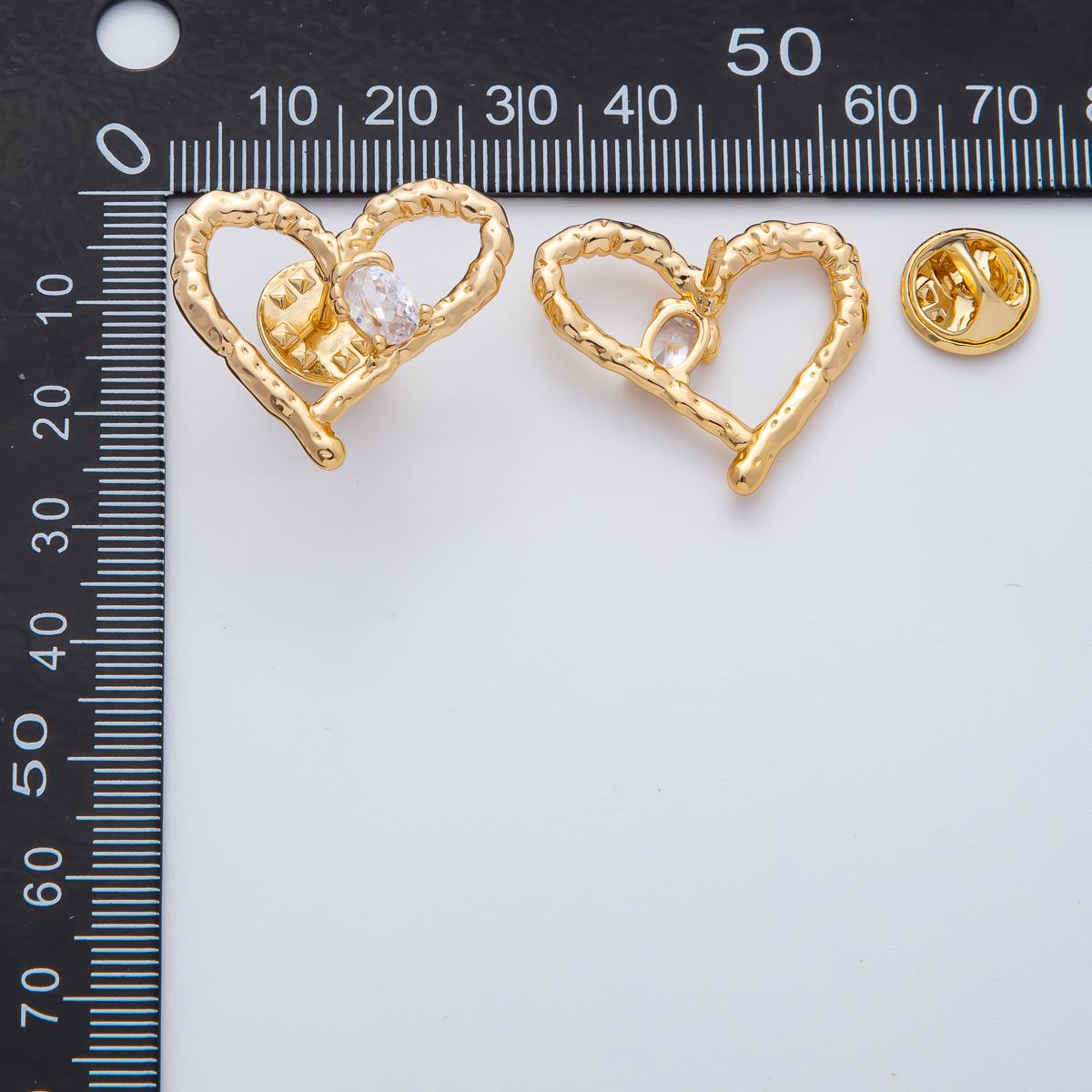 18K Gold Filled Clear CZ Crystal Open Hammered Molten Heart Pin Brooch Mini Finding Dainty Love Pin for Jackets Bags Accessories | Z1475