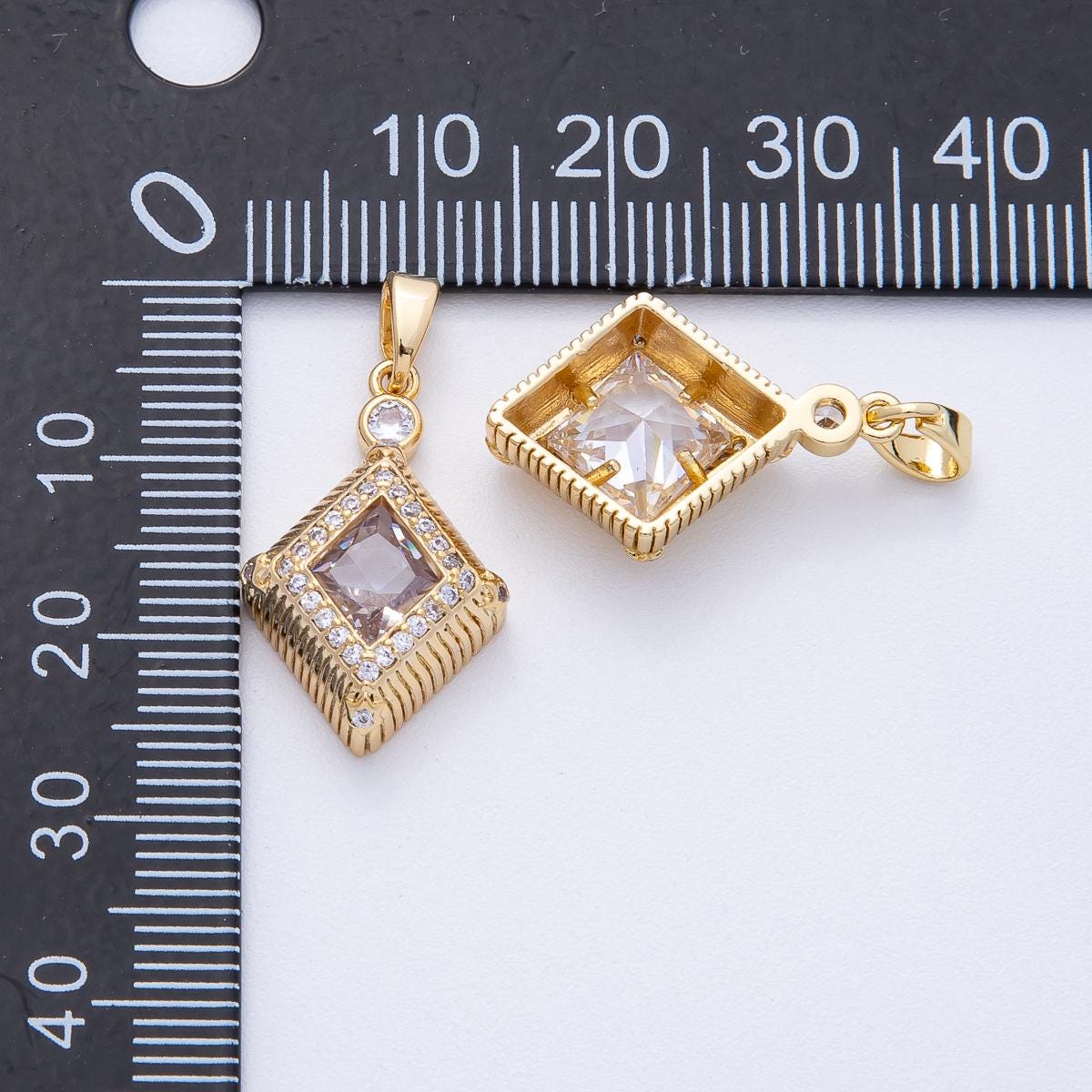 18K Gold Filled 21.9mm Clear CZ Micro Paved Ribbed Rhombus Pendant Geometric Shape Charm DIY Jewelry Making Supplies | AF1228