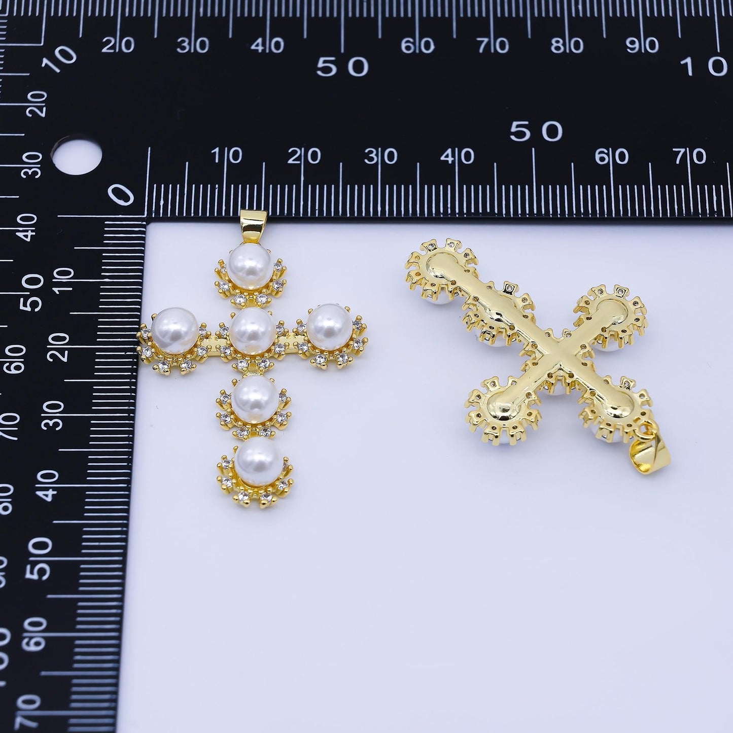 Dainty cross micro paved cz round white pearl religious cross gold pendant for religious jewelry making supply | AA1671