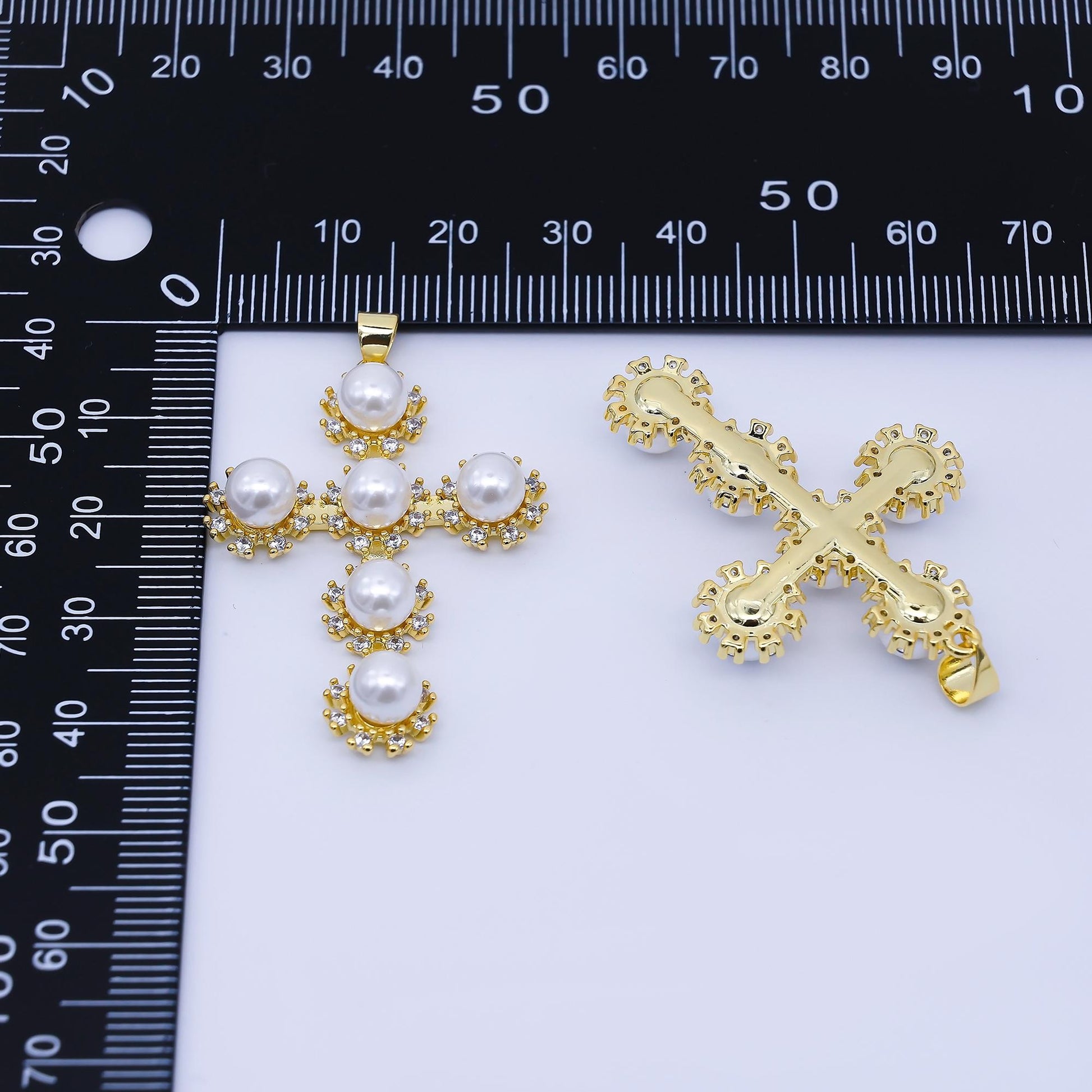 Dainty cross micro paved cz round white pearl religious cross gold pendant for religious jewelry making supply | AA1671