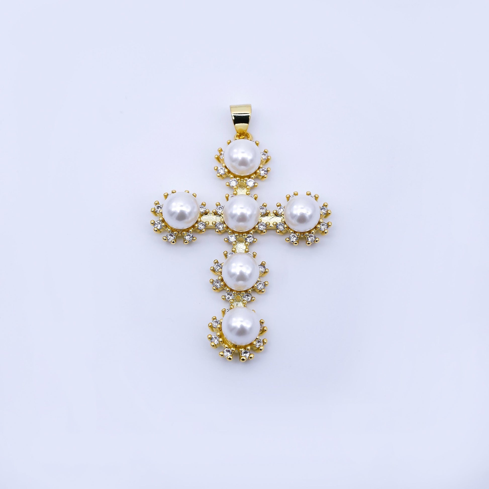 Dainty cross micro paved cz round white pearl religious cross gold pendant for religious jewelry making supply | AA1671