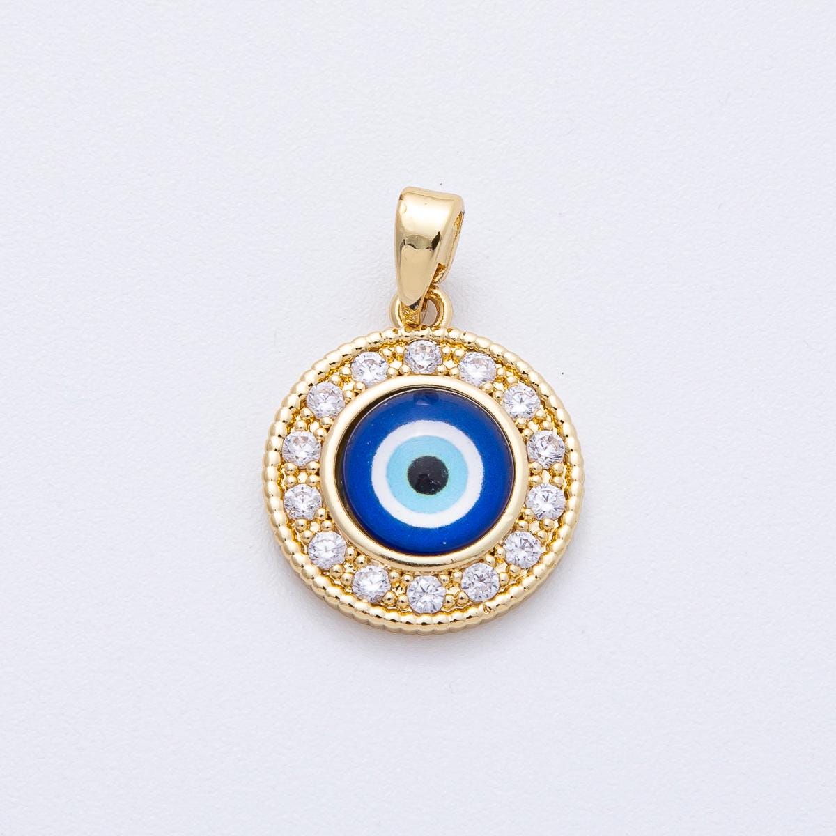 18K Gold Filled 16.9mm Evil Eye Micro Paved CZ Round Pendant Protection Enamel Charm DIY Jewelry Making Supplies | AF-1229
