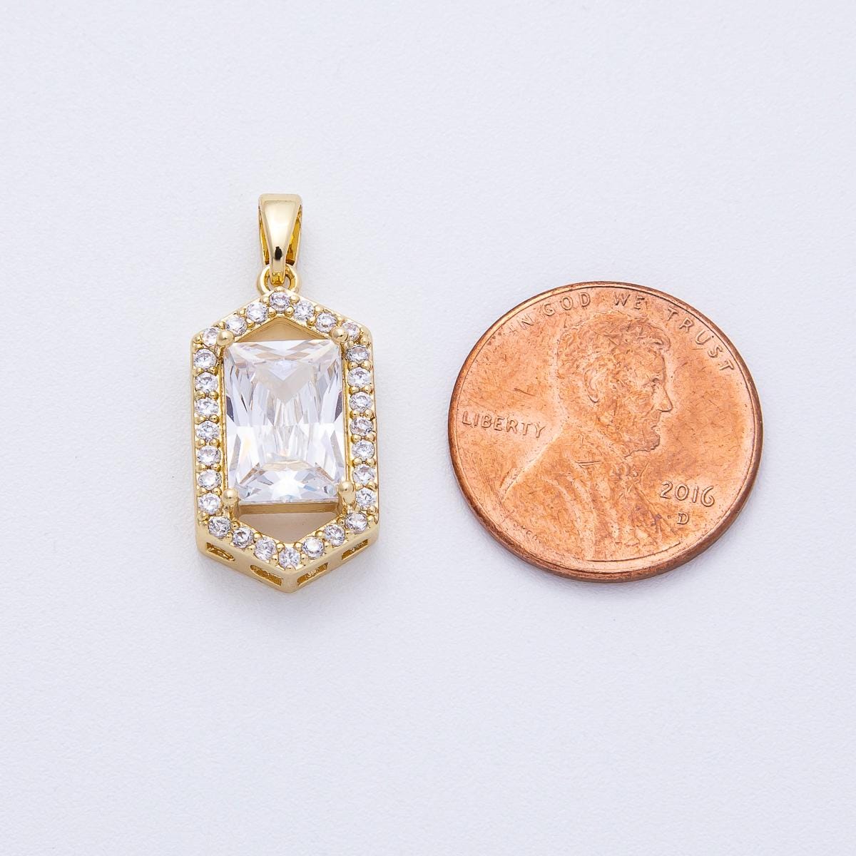 18K Gold Filled 20.4mm Clear Baguette Micro Paved CZ Hexagonal Pendant Geometric Shape Charm DIY Custom Jewelry Making Supplies | AF-1232