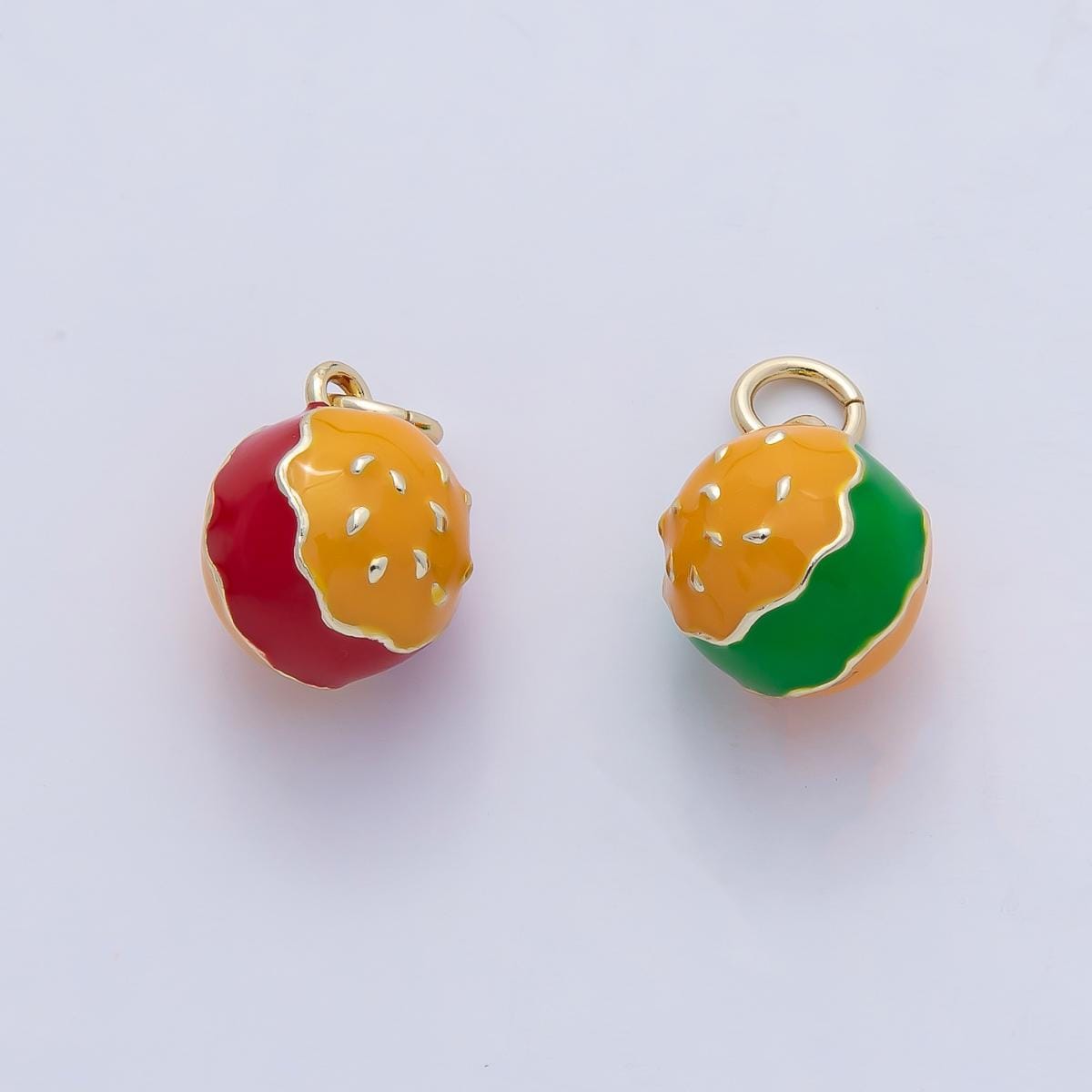 18K Gold Filled Green, Red Hamburger Enamel Multidimensional 3D Charm Snack Charm for Bracelet Earring Necklace Junk Food Jewelry | AF1474