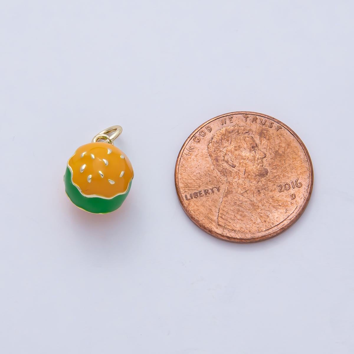 18K Gold Filled Green, Red Hamburger Enamel Multidimensional 3D Charm Snack Charm for Bracelet Earring Necklace Junk Food Jewelry | AF1474