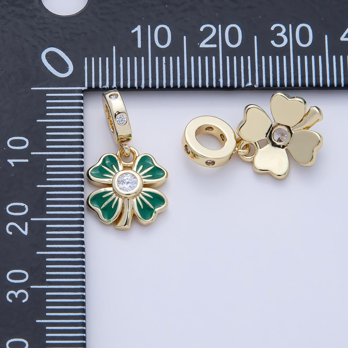 18K Gold Filled Clear CZ Green Enamel Clover Dotted Rondelle Drop Lucky Pendant DIY Dangle Jewelry for Necklace Bracelet Earring | AF1475