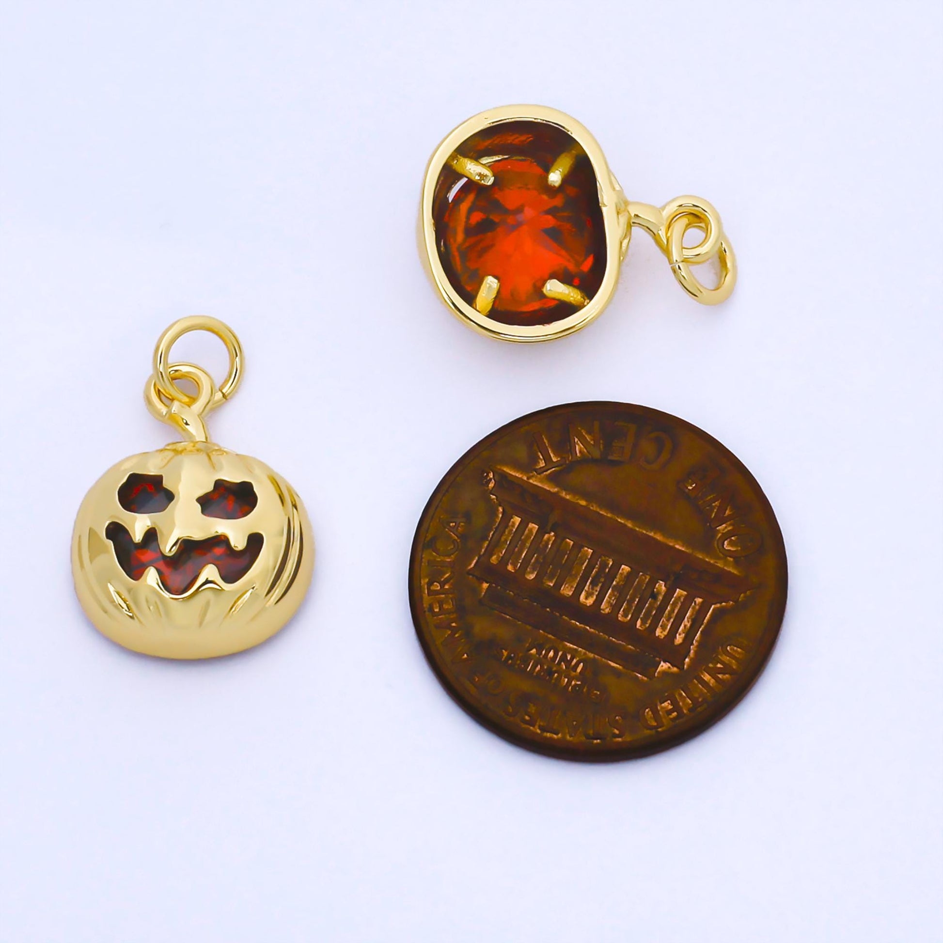 Red Cubic gold filled jack o lantern pumpkin face cz micro pave charm bracelet necklace earring pendant for halloween jewelry making, AF1565