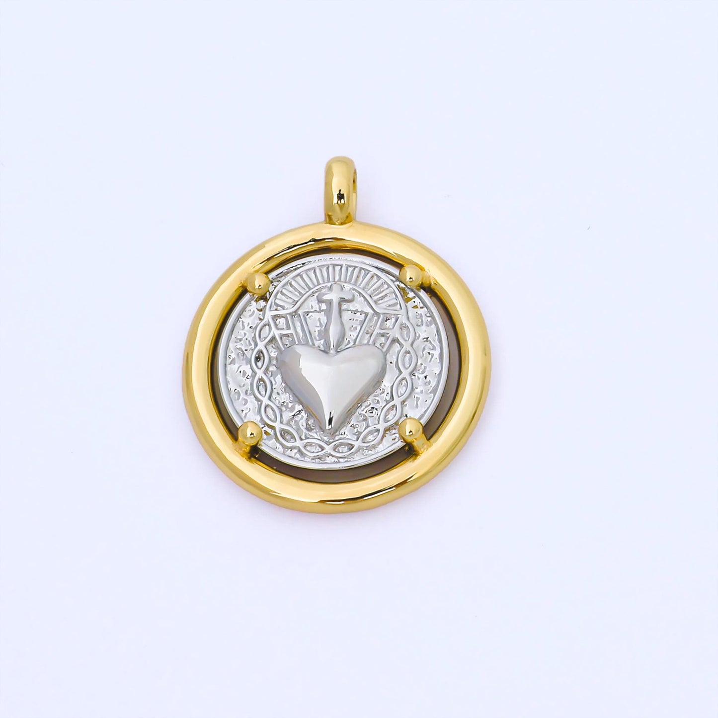 Mix Metal Gold dainty sacred heart of jesus charm, gold religious sunburst textured design charm, the sacred heart of jesus pendant AF1559