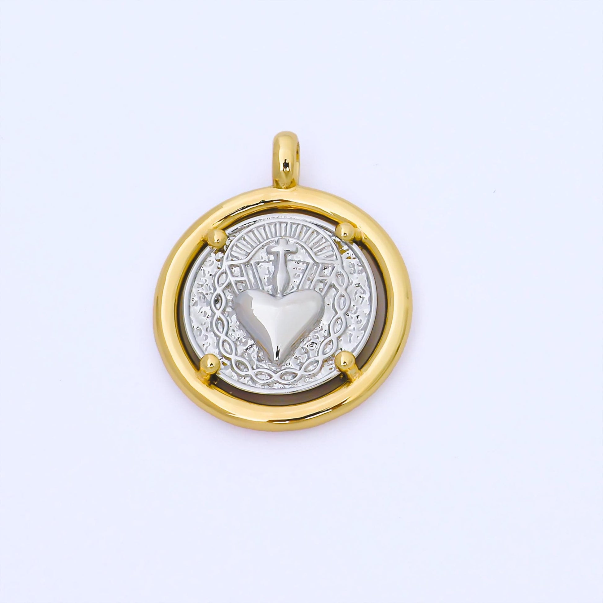 Mix Metal Gold dainty sacred heart of jesus charm, gold religious sunburst textured design charm, the sacred heart of jesus pendant AF1559
