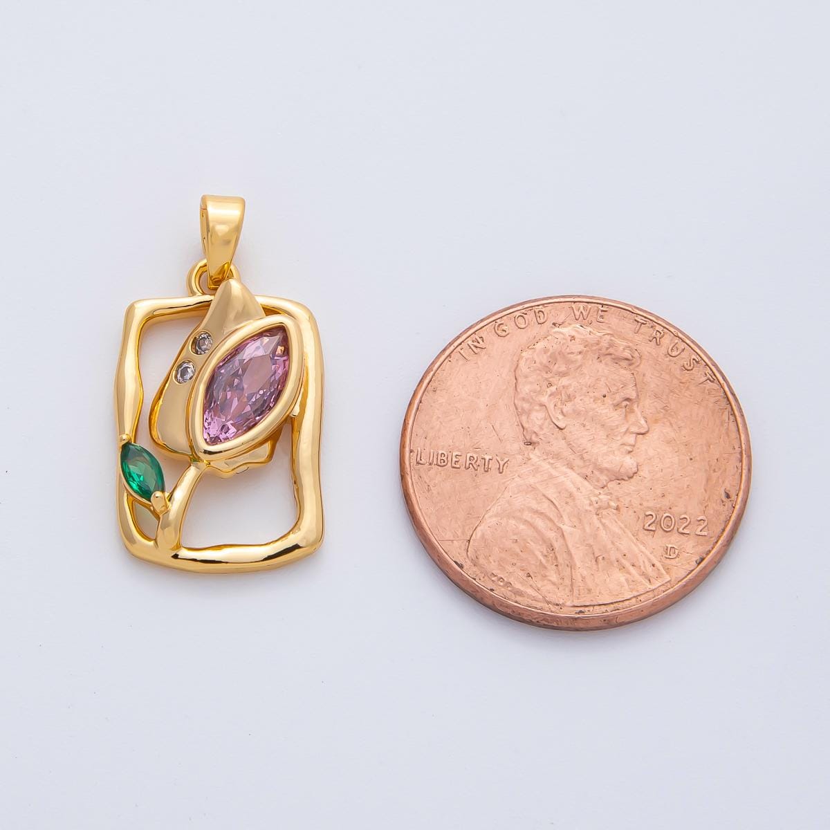 18K Gold Filled Purple CZ Tulip Flower Molten Rectangular Pendant Cubic Zirconia DIY Necklace Pendant for Minimalist Jewelry Supply | AF1186