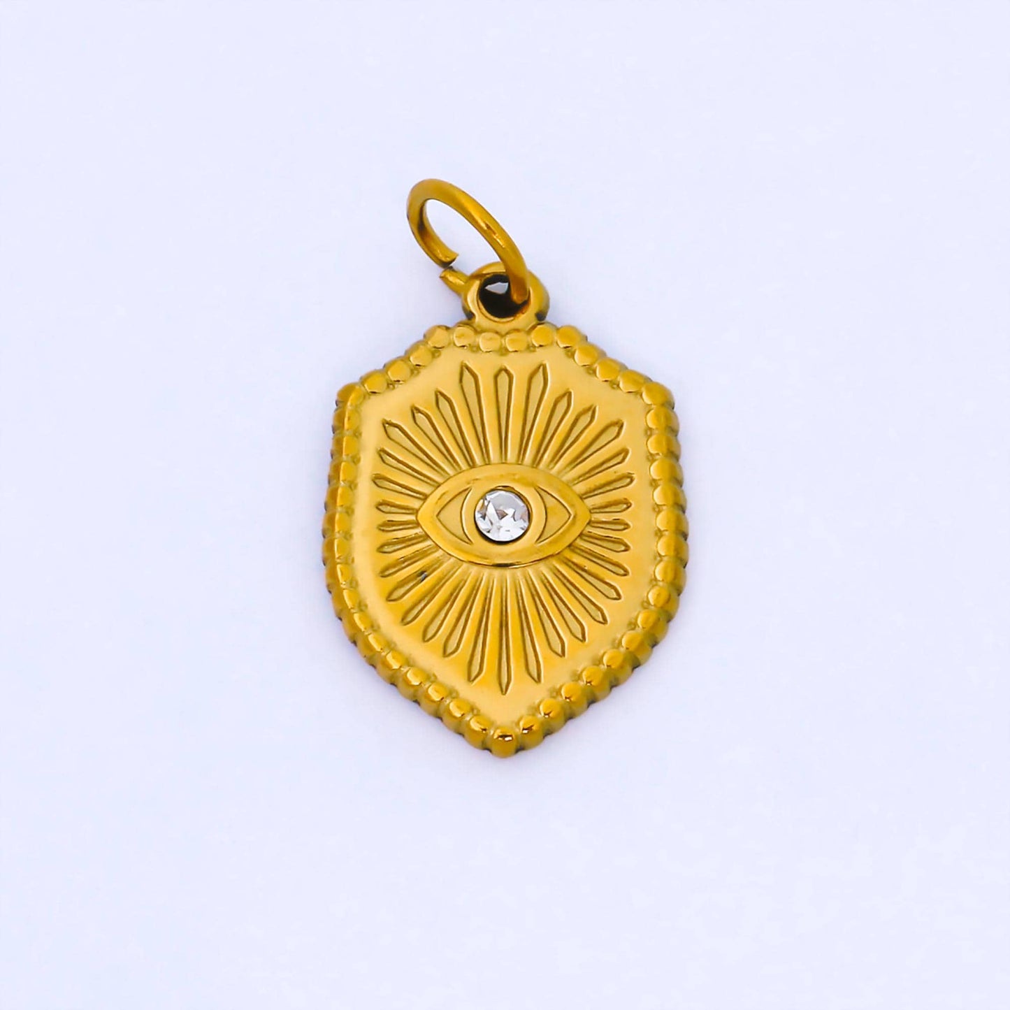 Dainty 24k 18.6mm Gold Filled CZ Clear Gem Yellow Evil Eye Sunburst Shield Charm DIY Jewelry Making Necklace Bracelet Earring Supply | J632