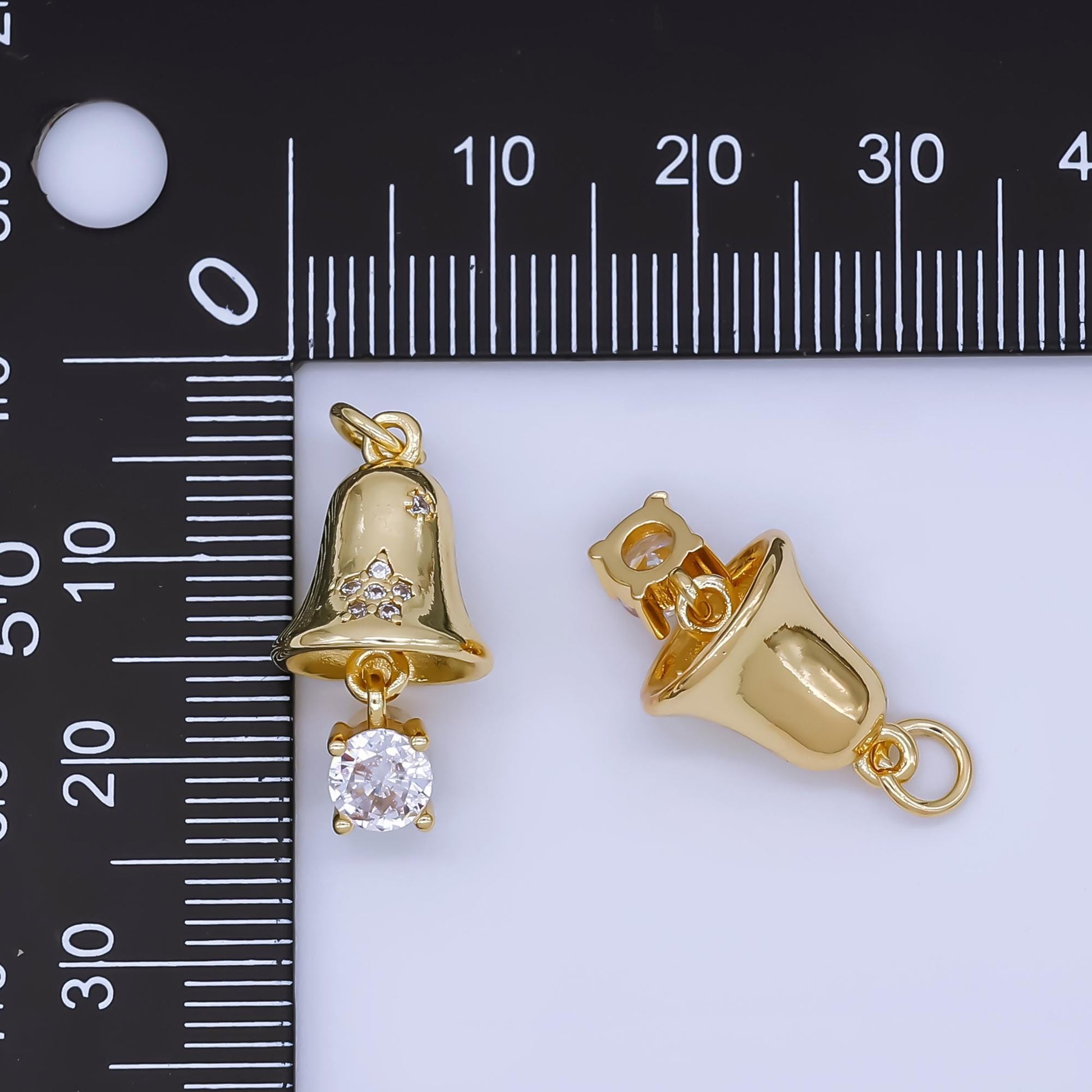 24K Gold Filled Bell Charm with micro paved Clear CZ Dainty Christmas Pendant Gold Jewelry Finding Holiday Necklace Supplies | AF1504