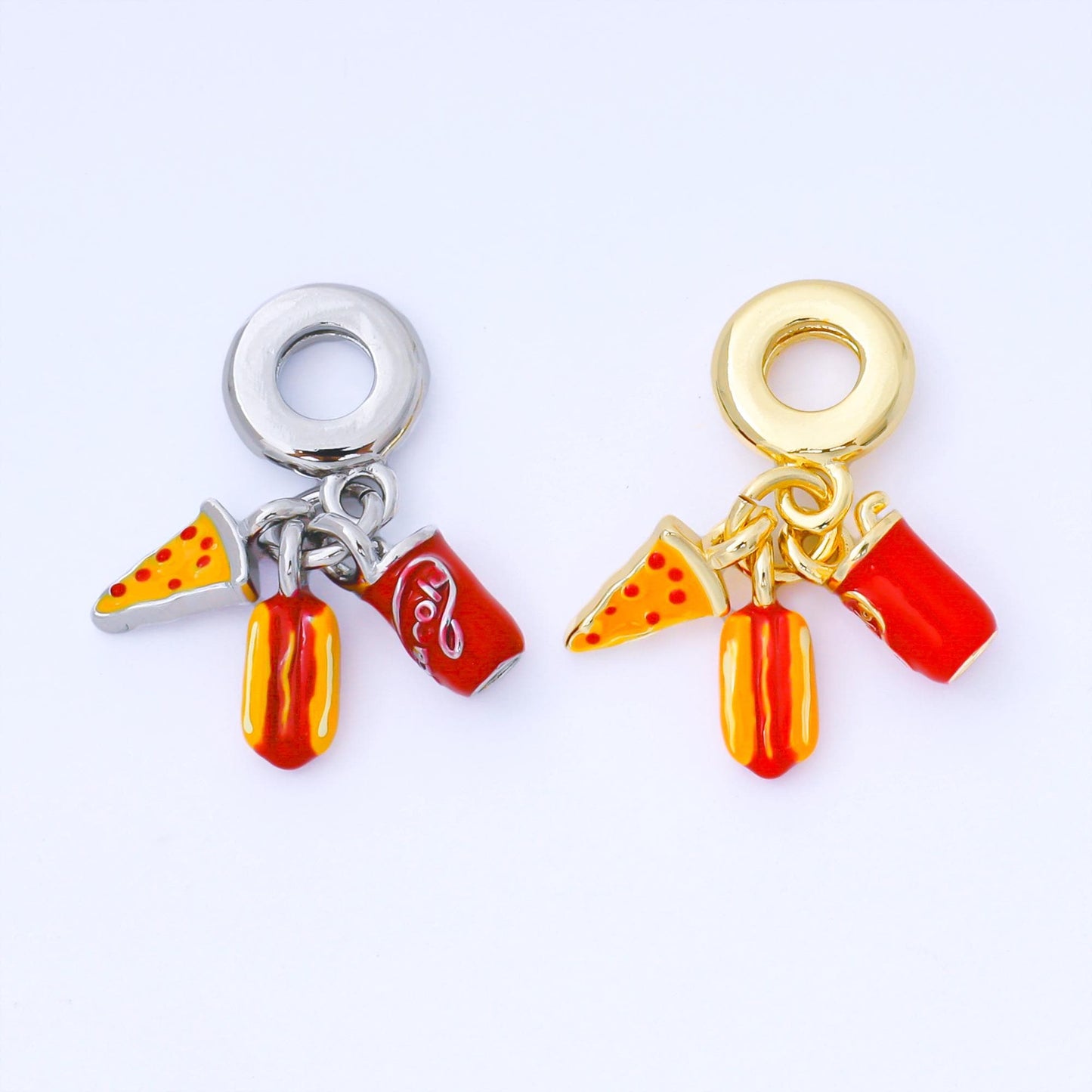 24K Gold Filled 11.5mm Enamel Art Food Set Charm in Hotdog Pizza & Soda Snack Themed Charm DIY Jewelry Making Supply Bracelet | AF1541