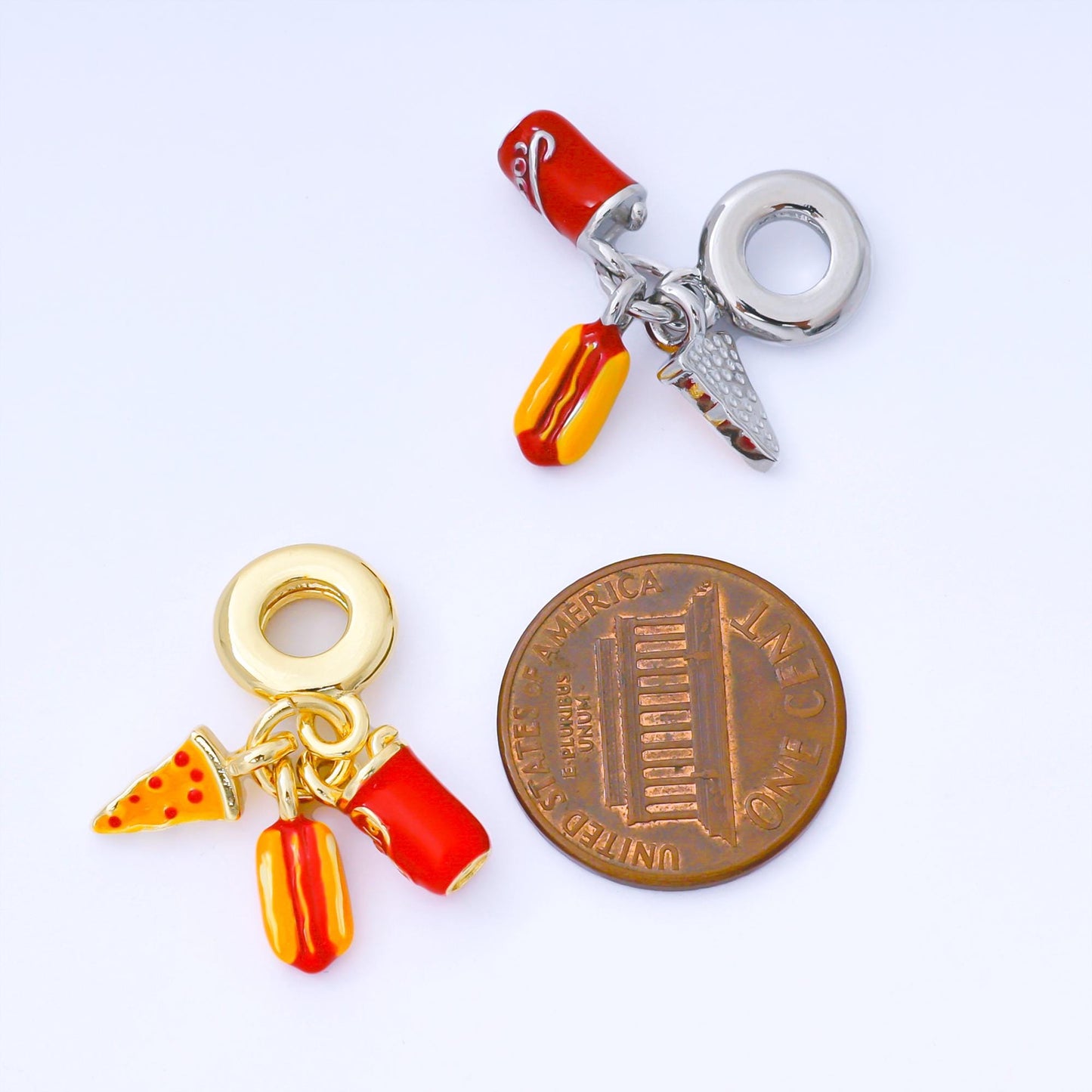 24K Gold Filled 11.5mm Enamel Art Food Set Charm in Hotdog Pizza & Soda Snack Themed Charm DIY Jewelry Making Supply Bracelet | AF1541