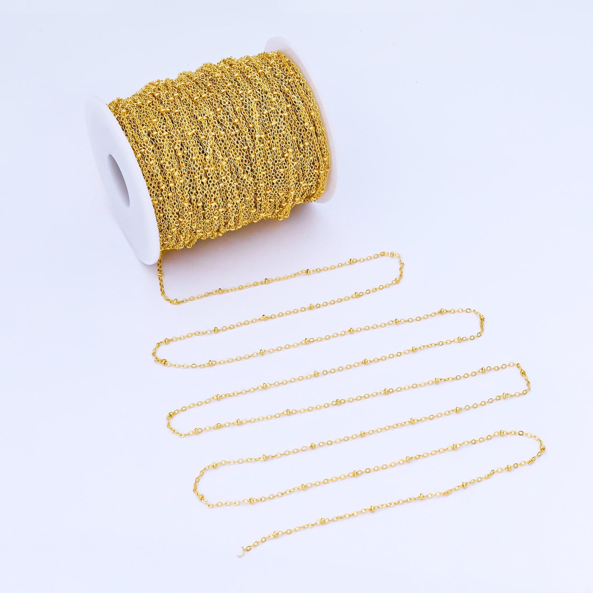 24K Gold Filled 2.2mm Dainty Gold Satellite Chain with Interspersed Beads by Yard Wholesale DIY Bold Jewelry Making for Necklace | Roll-2000