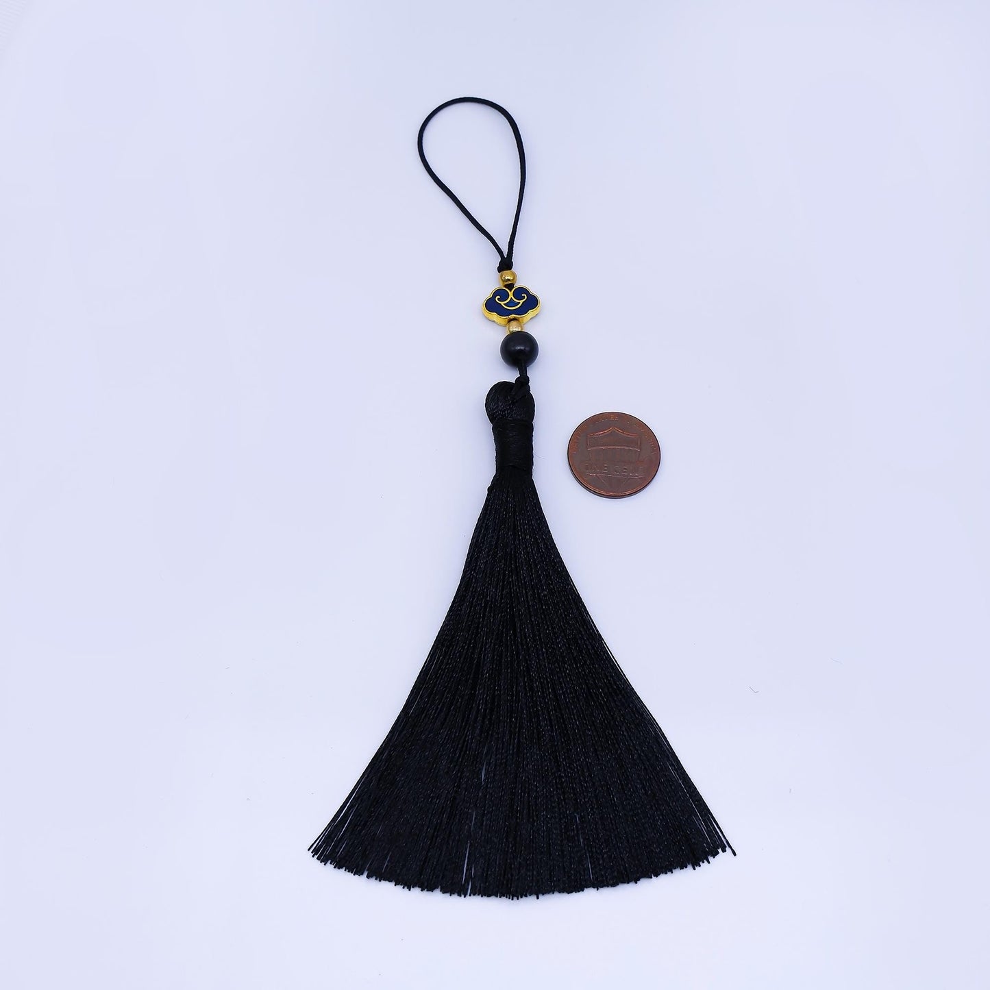 24k Gold Black Silk Tassel Charm with Gold Blue Enamel Accent Long Decorative Tassel for Jewelry Keychains or Home Decor | Z1492