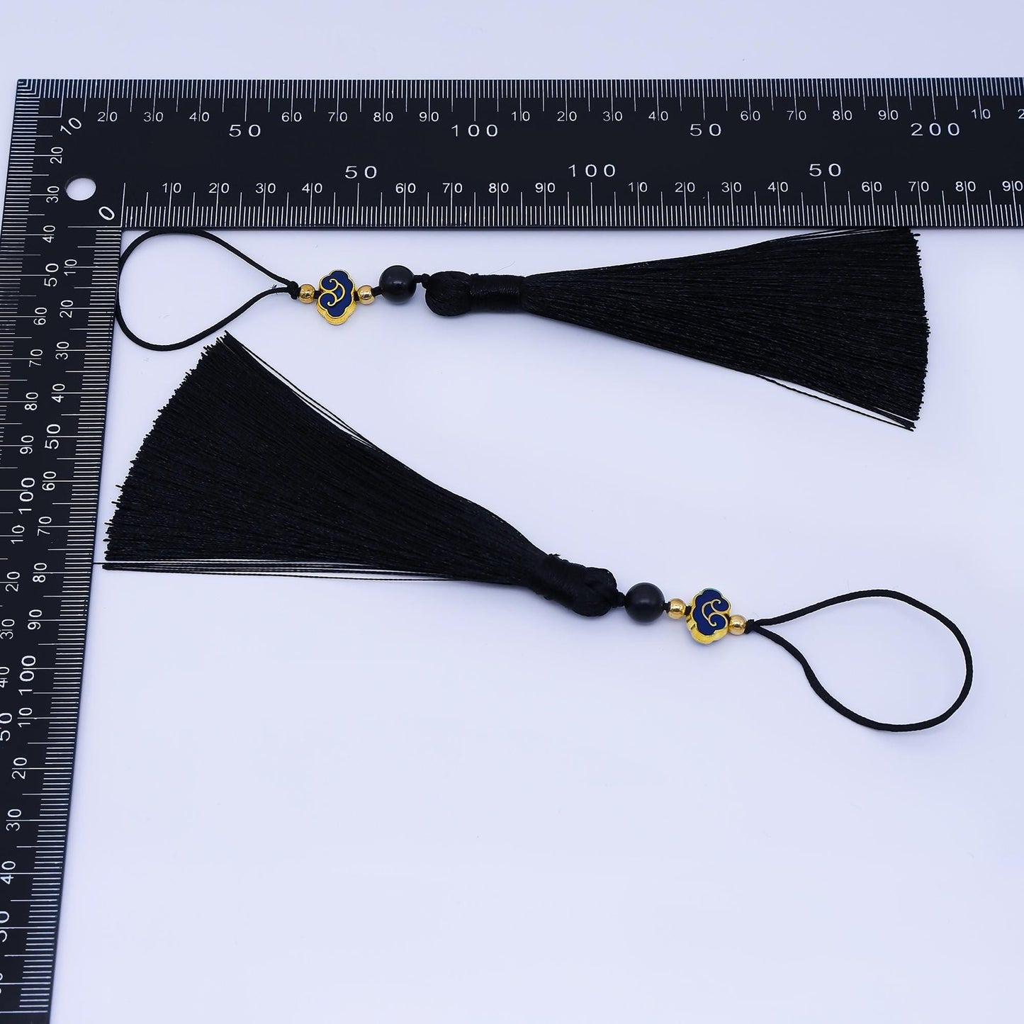 24k Gold Black Silk Tassel Charm with Gold Blue Enamel Accent Long Decorative Tassel for Jewelry Keychains or Home Decor | Z1492