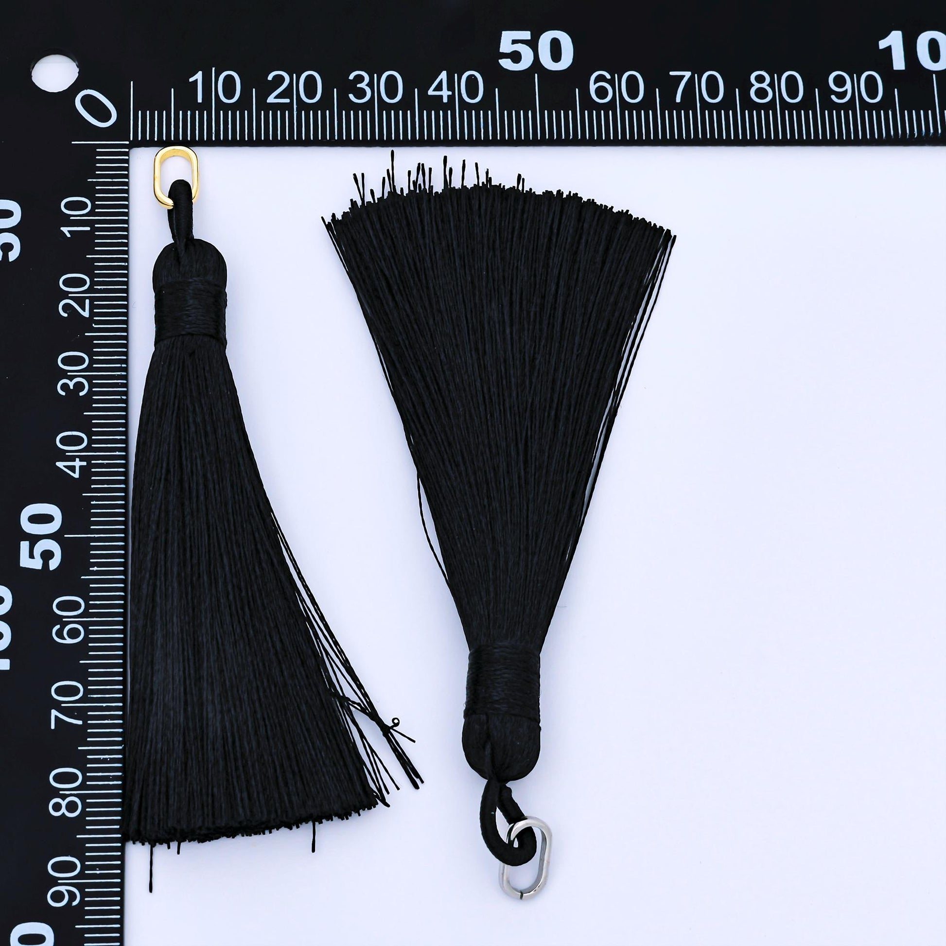 24k Black 83mm Silk Tassel with Gold & Silver Metal Loop Fringe Tassel for Jewelry Bookmarks Handbag Charms Graduation Caps | Z1494