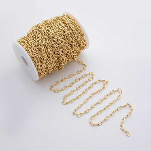 May include: A spool of gold-colored chain. The chain is oval-linked and appears to be made of metal. A length of the chain extends from the spool, showcasing the individual links. The background is a plain white surface, highlighting the chain's details.