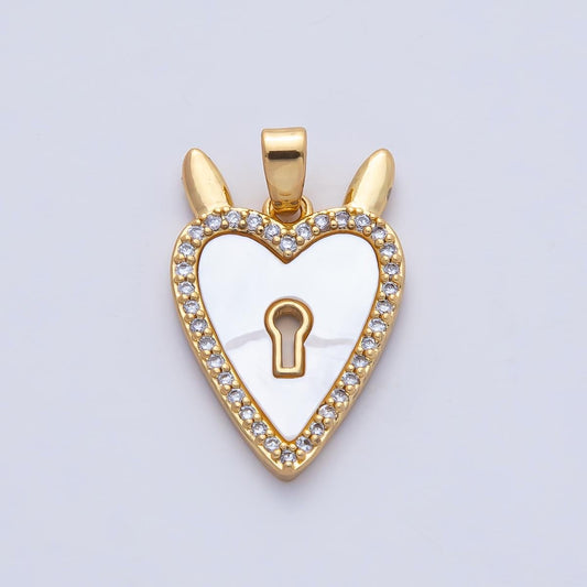 18K Gold Filled 21.3mm White Shell Pearl Clear CZ Lock Heart Charm Pendant DIY Bracelet Necklace Jewelry Making Findings Supply | AF1187