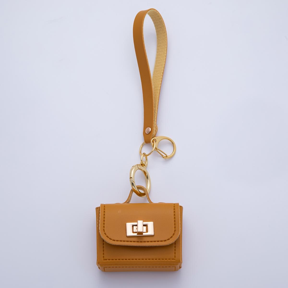 18K Gold Filled Brown Bag Ear Bud Case Bag Charm Mini Purse Accessories with Wristlet | WB-00287