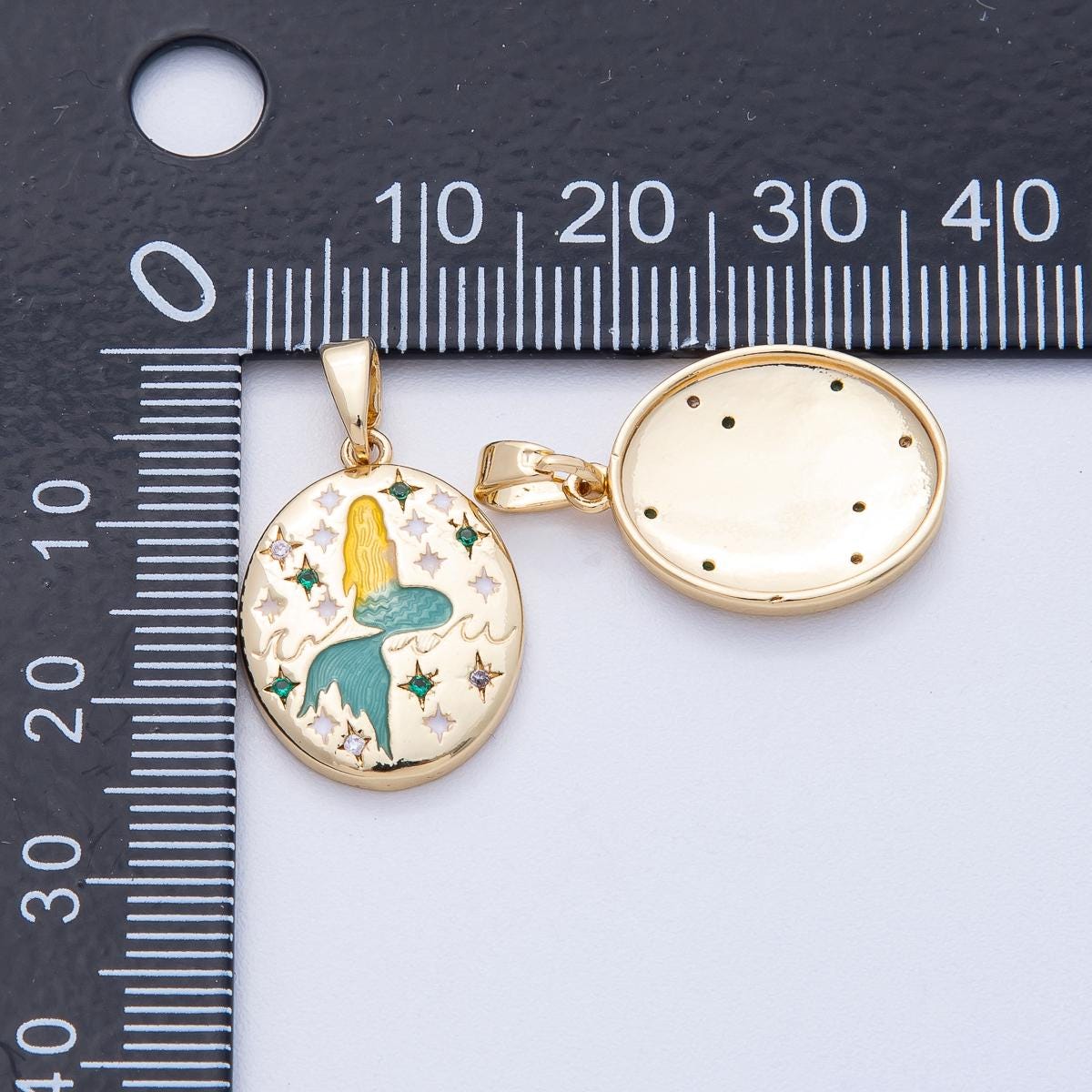 18K Gold Filled 19.7mm Pretty Mermaid Engraved CZ Oval Pendant Ocean Theme DIY Jewelry Supply for Custom Necklace | AF1215