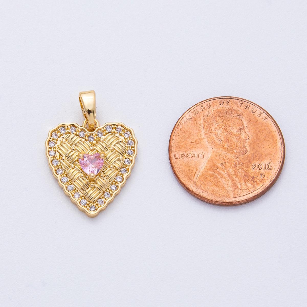 18K Gold Filled 16.6mm Pink CZ Woven Micro Paved CZ Heart Pendant | AF1236