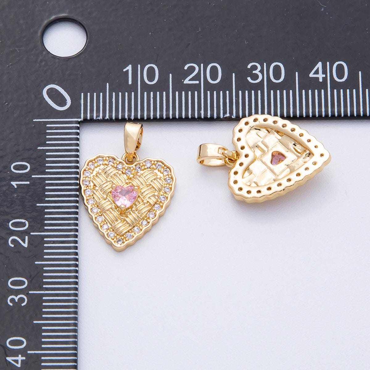 18K Gold Filled 16.6mm Pink CZ Woven Micro Paved CZ Heart Pendant | AF1236