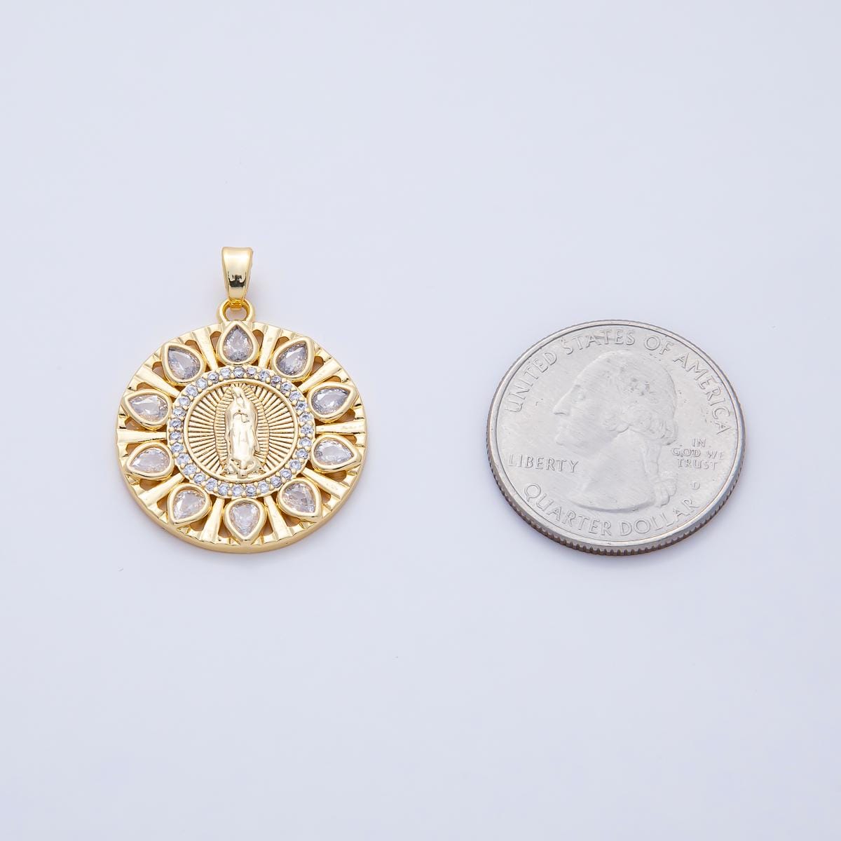 18K Gold Filled 26.3mm Clear & Multicolor CZ Miraculous Lady Mother Mary Round Pendant Halo Religious Charm DIY Jewelry Supply | AF1202