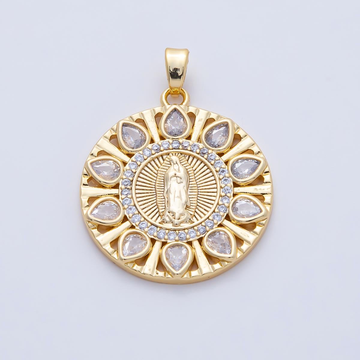 18K Gold Filled 26.3mm Clear & Multicolor CZ Miraculous Lady Mother Mary Round Pendant Halo Religious Charm DIY Jewelry Supply | AF1202