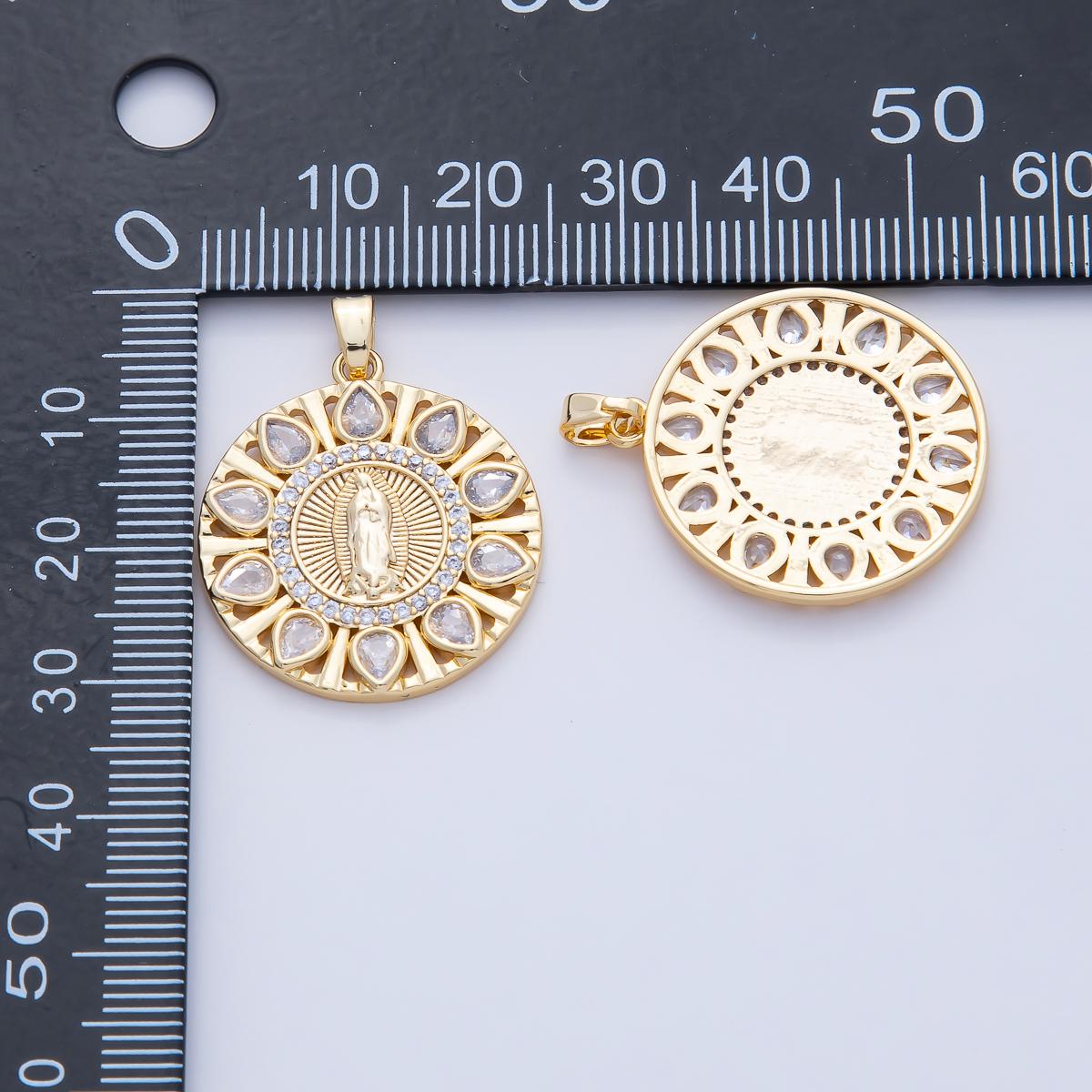 18K Gold Filled 26.3mm Clear & Multicolor CZ Miraculous Lady Mother Mary Round Pendant Halo Religious Charm DIY Jewelry Supply | AF1202