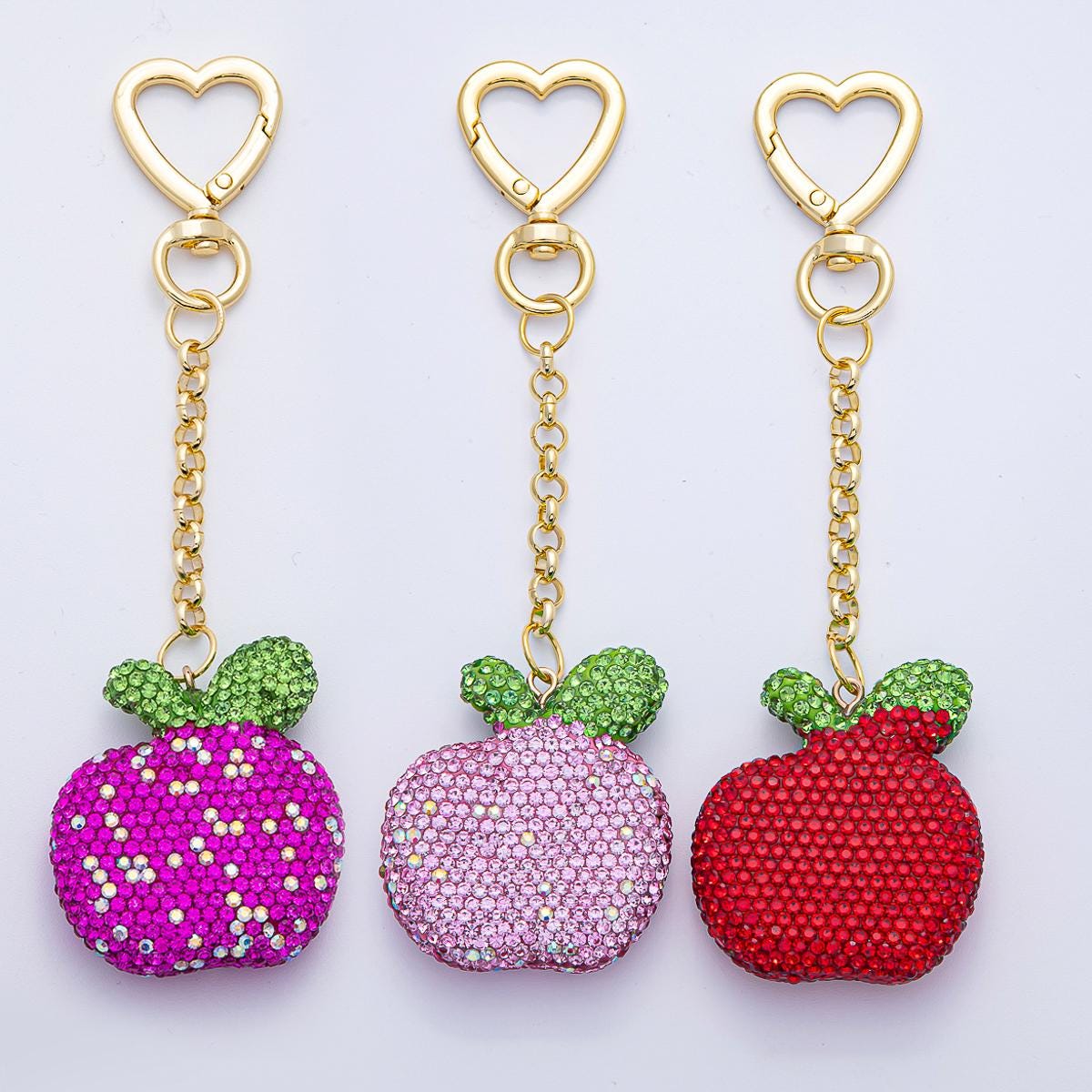 18K Heart Shaped Gold Filled Red, Pink, Fuchsia Bedazzled Apple Bag Crystal Charm Keychain Accessories Luxury Style Finding | WB-00245