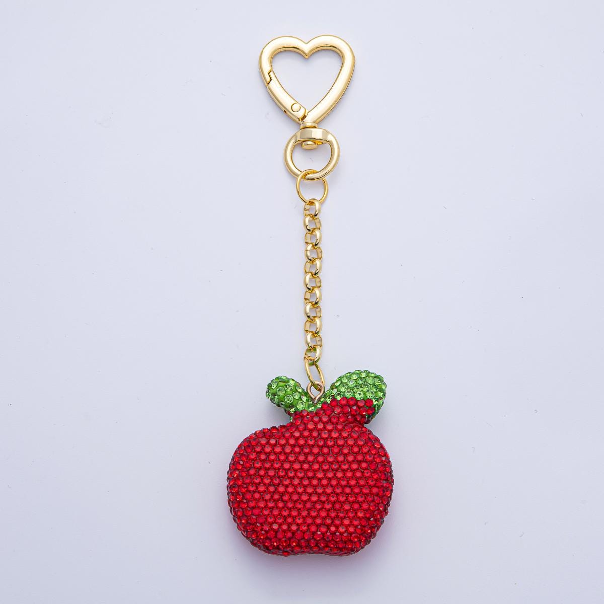 18K Heart Shaped Gold Filled Red, Pink, Fuchsia Bedazzled Apple Bag Crystal Charm Keychain Accessories Luxury Style Finding | WB-00245