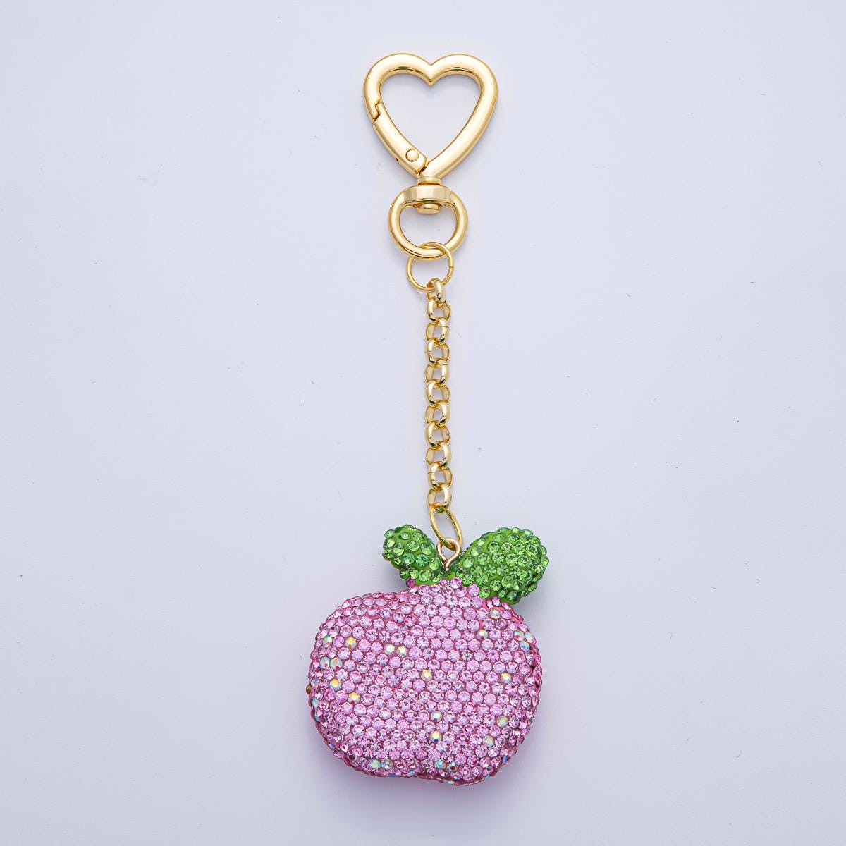 18K Heart Shaped Gold Filled Red, Pink, Fuchsia Bedazzled Apple Bag Crystal Charm Keychain Accessories Luxury Style Finding | WB-00245
