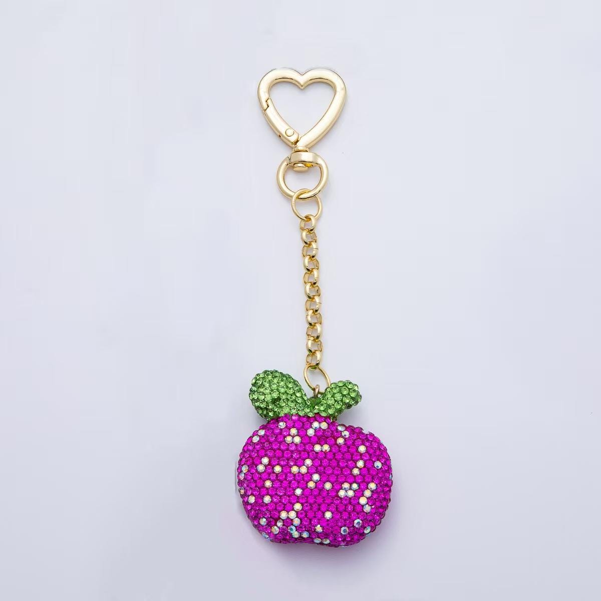 18K Heart Shaped Gold Filled Red, Pink, Fuchsia Bedazzled Apple Bag Crystal Charm Keychain Accessories Luxury Style Finding | WB-00245