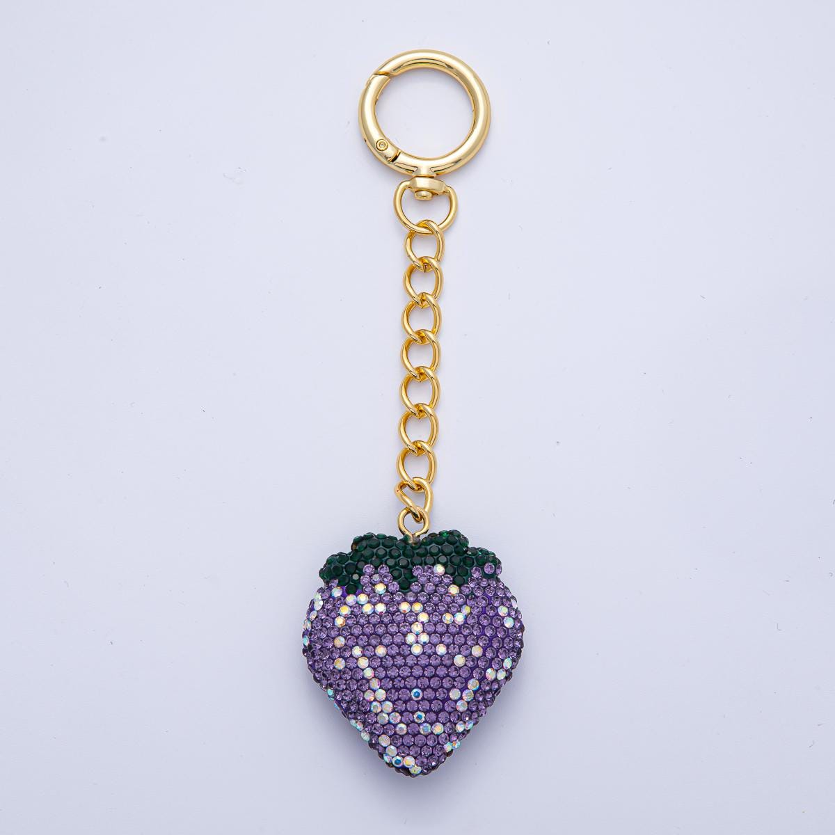 18K Gold Filled Strawberry Bedazzled Bag Crystal Charm Keychain Push Gate Sparkly Fruit Accessories Shimmering Crystal Detail | WB-00248