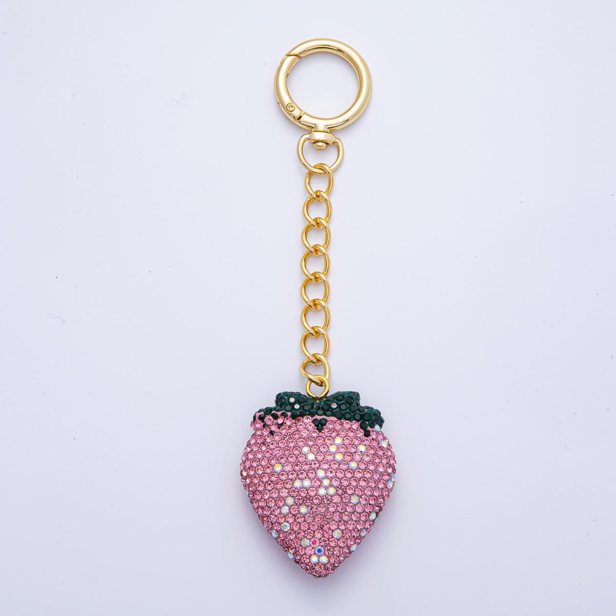 18K Gold Filled Strawberry Bedazzled Bag Crystal Charm Keychain Push Gate Sparkly Fruit Accessories Shimmering Crystal Detail | WB-00248