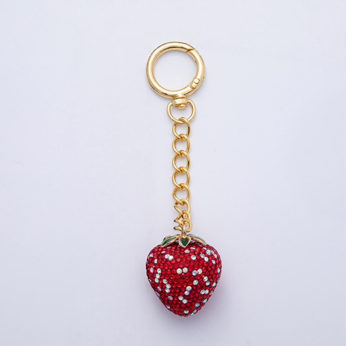 18K Gold Filled Shimmering White, Pink, Red Strawberry Bedazzled Bag Crystal Charm Keychain Push Gate Sparkly Fruit Accessories | WB-00265