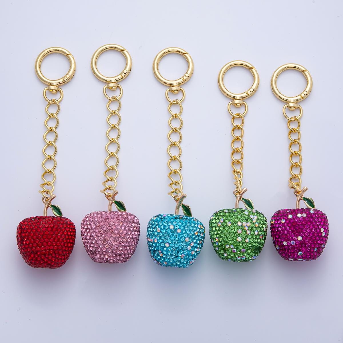 18K Gold Filled Apple Bedazzled Bag Crystal Charm Keychain Push Gate Accessories Luxury Style Finding Gift Idea | WB-00268