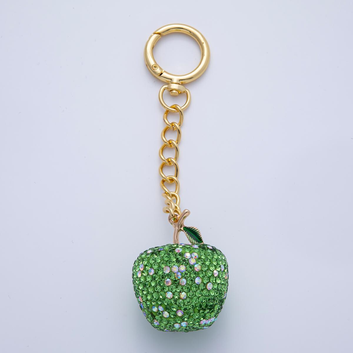 18K Gold Filled Apple Bedazzled Bag Crystal Charm Keychain Push Gate Accessories Luxury Style Finding Gift Idea | WB-00268