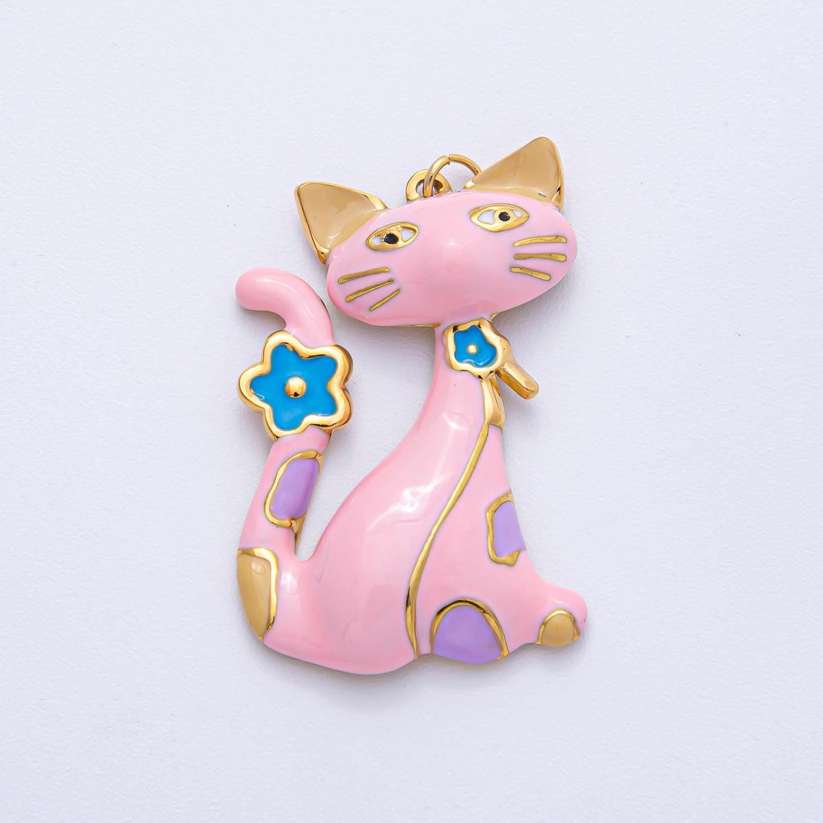 Stainless Steel 39mm Blue, White, Black, Pink Enamel Cat Kitten Pet Statement Pendant Charm Jewelry Supplies Accessory Cute Gift Idea | J816