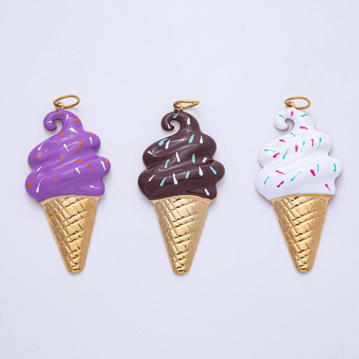 Stainless Steel 64.4mm Purple, White, Brown Enamel Sprinkle Ice Cream Cone Statement Pendant Charm Dessert Lover Foodie Accessory | J848