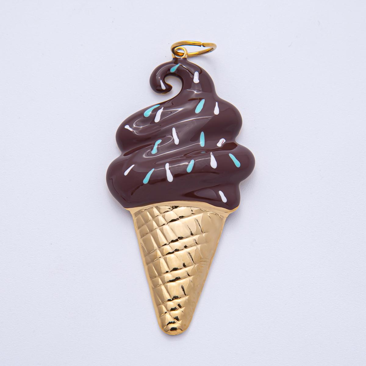 Stainless Steel 64.4mm Purple, White, Brown Enamel Sprinkle Ice Cream Cone Statement Pendant Charm Dessert Lover Foodie Accessory | J848