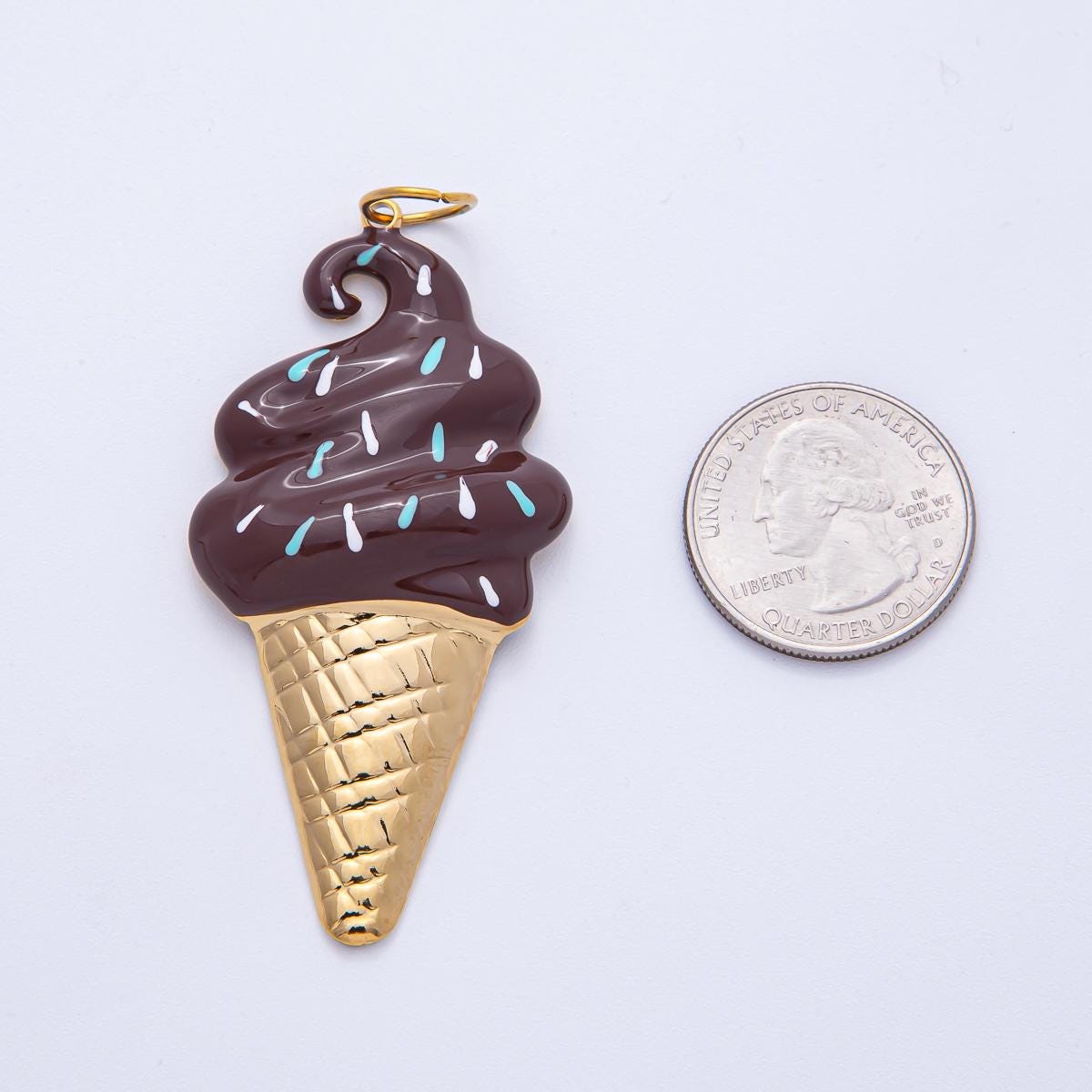 Stainless Steel 64.4mm Purple, White, Brown Enamel Sprinkle Ice Cream Cone Statement Pendant Charm Dessert Lover Foodie Accessory | J848