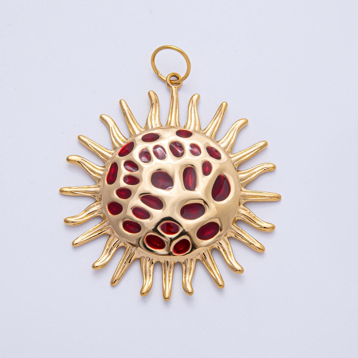 Stainless Steel 56.1mm Radiant Red & Green Celestial Sun Burst Round Statement Charm DIY Jewelry Making Component for Necklace Design | J907