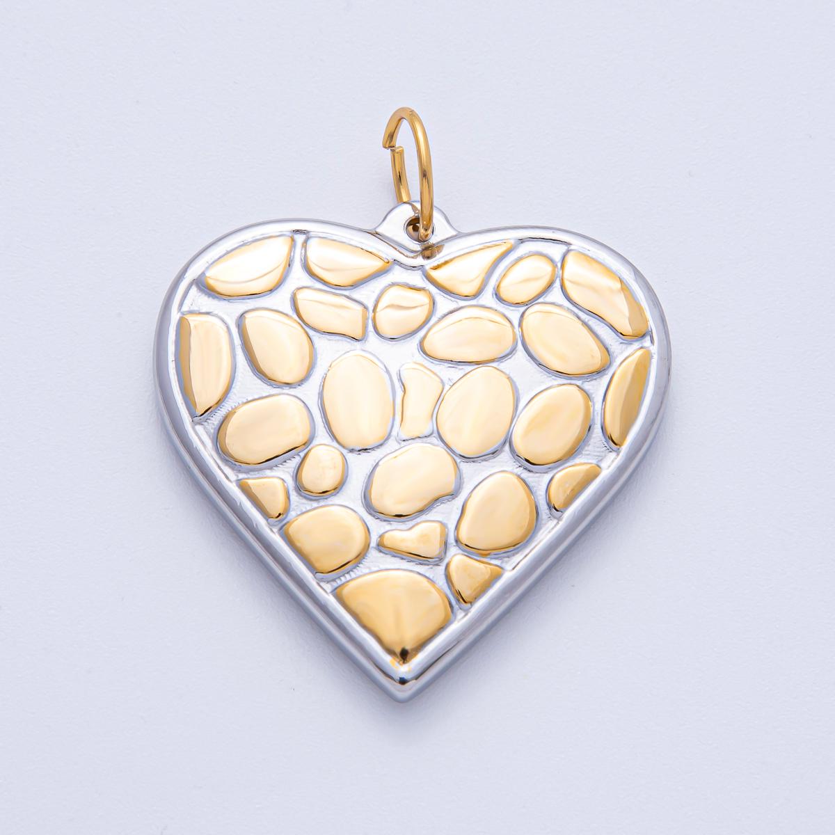 Stainless Steel 40mm Mixed Metal Textured Heart Charm Two Tone Pendant Design for Necklace DIY Jewelry Making Romantic Pebble | J934