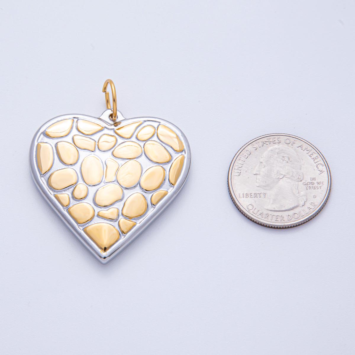 Stainless Steel 40mm Mixed Metal Textured Heart Charm Two Tone Pendant Design for Necklace DIY Jewelry Making Romantic Pebble | J934