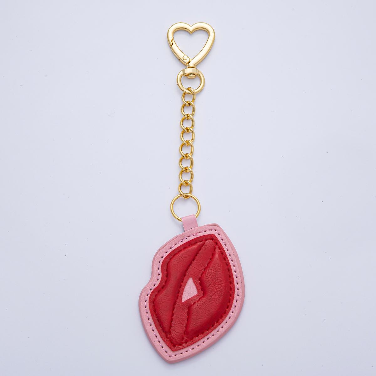 18K Gold Filled Red Lip Faux Leather Bag Charm Keychain Heart Push Gate Key Ring Accessories Fun Pop Art Style Fashion Gift | WB-00235