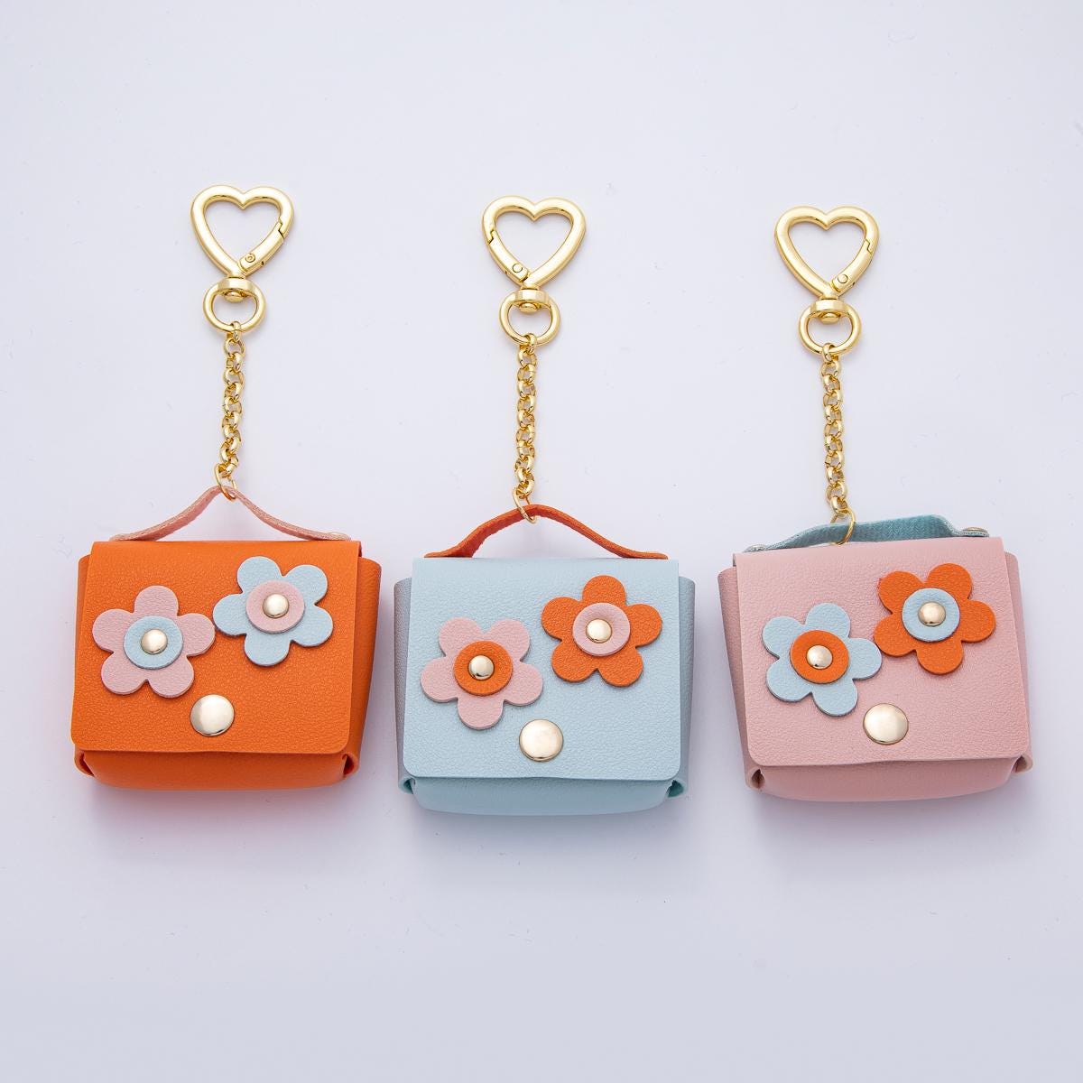 18K Gold Filled Pink Blue Orange Ear Bud Case Bag Charm Heart Push Gate Keychain with Floral Design Mini Purse DIY Jewelry Making | WB-00236