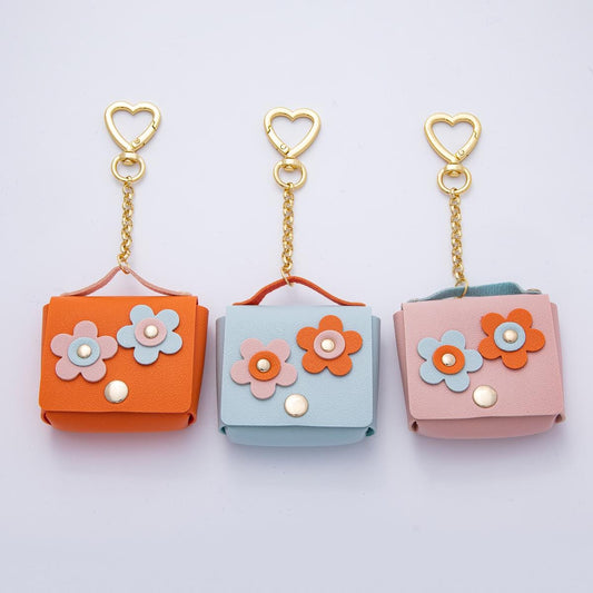 18K Gold Filled Pink Blue Orange Ear Bud Case Bag Charm Heart Push Gate Keychain with Floral Design Mini Purse DIY Jewelry Making | WB-00236